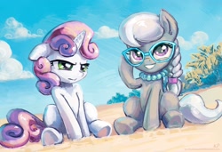 Size: 1900x1300 | Tagged: safe, artist:kp-shadowsquirrel, silver spoon (mlp), sweetie belle (mlp), earth pony, equine, fictional species, mammal, pony, unicorn, feral, friendship is magic, hasbro, my little pony, beach, cloud, duo, duo female, ears, female, filly, foal, glasses, hair, hooves, horn, jewelry, mane, meganekko, necklace, pearl necklace, sand, sitting, sky, smiling, tail, young