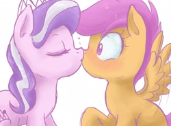 Size: 2040x1500 | Tagged: safe, artist:kinkypinkie, diamond tiara (mlp), scootaloo (mlp), earth pony, equine, fictional species, mammal, pegasus, pony, feral, friendship is magic, hasbro, my little pony, blushing, duo, duo female, eyes closed, feathered wings, feathers, female, female/female, filly, foal, kissing, scootiara (mlp), shipping, tail, tiara, wings, young