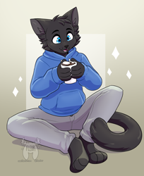 Size: 1512x1854 | Tagged: safe, artist:fleurfurr, oc, oc only, oc:dema (dema), cat, feline, mammal, anthro, digitigrade anthro, background, black fur, blue eyes, bottomwear, clothes, cute, felis catus, food, fur, gradient background, happy, holding object, hoodie, hot chocolate, male, marshmallow, open mouth, pants, signature, smiling, solo, solo male, sparkles, tail, text, topwear, watermark