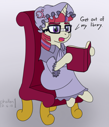 Size: 969x1129 | Tagged: safe, artist:phallen1, moondancer (mlp), patchouli knowledge (touhou), equine, fictional species, mammal, pony, unicorn, feral, semi-anthro, friendship is magic, hasbro, my little pony, touhou, book, bookworm, clothes, cosplay, crossover, dress, female, glasses, holding, holding book, holding object, horn, mare, meganekko, nightcap, nightgown, solo, solo female, speech bubble