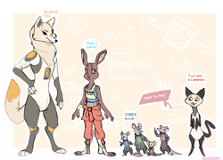 Size: 1280x924 | Tagged: safe, artist:waackery, adventure core (portal), chell (portal), fact core (portal), glados (portal), space core (portal), turret (portal), wheatley (portal), canine, cat, feline, fox, hare, lagomorph, mammal, mouse, rodent, siamese, anthro, portal (game), valve, 2019, 2d, abstract background, alternate universe, bipedal, black outline, black sclera, claws, clothes, colored sclera, cute, english text, female, fluff, furrified, gray eyes, group, jumpsuit, male, neck fluff, red eyes, species swap, speech bubble, talking, tank top, text, topwear, white border
