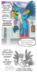 Size: 720x1397 | Tagged: safe, artist:texasuberalles, gallus (mlp), bird, feline, fictional species, gryphon, mammal, feral, friendship is magic, hasbro, my little pony, angry, blue body, blue eyes, blue feathers, blue fur, carnivore, digital art, english text, feathers, flying, fur, implied smolder, leonine tail, male, monochrome, offscreen character, paws, pencil drawing, pointing, predator, school of friendship, solo, solo male, speech bubble, story included, tail, tan body, tan fur, text, white border