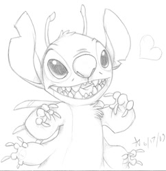 Size: 928x960 | Tagged: safe, artist:0cdisorder, stitch (lilo & stitch), alien, experiment (lilo & stitch), fictional species, semi-anthro, disney, lilo & stitch, 2009, 4 arms, 4 fingers, antennae, back spines, claws, grayscale, heart, male, monochrome, open mouth, open smile, simple background, smiling, solo, solo male, traditional art, white background