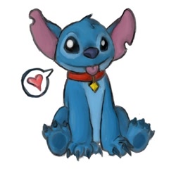 Size: 400x400 | Tagged: safe, artist:catchant, stitch (lilo & stitch), alien, experiment (lilo & stitch), fictional species, semi-anthro, disney, lilo & stitch, 1:1, 2009, blue fur, collar, ears, fur, heart, looking at you, low res, male, simple background, sitting, solo, solo male, tongue, tongue out, torn ear, white background
