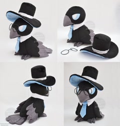Size: 1600x1672 | Tagged: safe, artist:sophiesplushies, oc, oc only, bird, corvid, crow, songbird, feral, 2020, beak, black feathers, blue eyes, claws, clothes, feathered wings, feathers, folded wings, glasses, gray feathers, irl, male, necktie, photo, photographed artwork, plushie, round glasses, solo, solo male, tail, tail feathers, talons, top hat, watermark, wings
