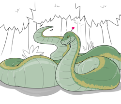 Size: 1400x1200 | Tagged: suggestive, artist:pencilman, reptile, snake, feral, carnivore, duo, forest, green scales, heart, love heart, scales, solo focus, stomach bulge, vore