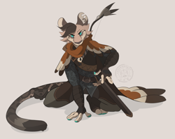 Size: 1400x1113 | Tagged: safe, artist:godbird, feline, fictional species, mammal, tabaxi, anthro, dungeons & dragons, bow, cloak, clothes, ears, male, ranger, sheath (weapon), solo, solo male, sword, tail, torn ear, weapon
