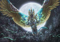 Size: 1263x893 | Tagged: safe, artist:guttertoungue, oc, oc only, oc:coulias, bird, feline, fictional species, gryphon, mammal, feral, ambiguous gender, armor, feathered wings, feathers, featured image, flying, lighting, looking at you, moon, night, open mouth, pouncing, solo, solo ambiguous, spread wings, tail, tree, wings