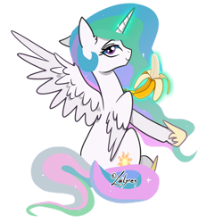 Size: 1024x1024 | Tagged: safe, artist:lailyren, princess celestia (mlp), alicorn, equine, fictional species, mammal, pony, feral, friendship is magic, hasbro, my little pony, banana, cutie mark, feathered wings, feathers, female, food, fruit, hair, herbivore, horn, looking at you, looking back, looking back at you, mane, mare, rear view, signature, simple background, sitting, solo, solo female, sparkly mane, sparkly tail, tail, text, transparent background, white body, wings