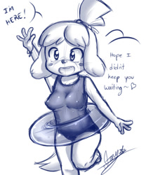 Size: 500x600 | Tagged: safe, artist:starykrow, isabelle (animal crossing), canine, dog, mammal, shih tzu, anthro, animal crossing, nintendo, clothes, cute, english text, female, heart, inner tube, monochrome, sketch, solo, solo female, speech bubble, swimsuit, text, waving