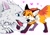 Size: 2048x1449 | Tagged: safe, artist:falvie, canine, fox, mammal, red fox, wolf, feral, bite, blue eyes, female, heart, male, male/female, shipping, smiling, sweat, yellow eyes