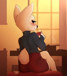 Size: 2649x3000 | Tagged: safe, artist:pudge ruffian, fenneko (aggretsuko), canine, fennec fox, fox, mammal, anthro, aggretsuko, sanrio, 2019, alcohol, blushing, bottomwear, brown eyes, clothes, digital art, drink, drunk, female, high res, indoors, looking at you, looking back, looking back at you, rear view, sitting, skirt, solo, solo female, sweater, topwear, turtleneck, wine, wine glass