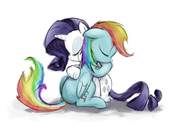 Size: 800x589 | Tagged: safe, artist:averagedraw, rainbow dash (mlp), rarity (mlp), equine, fictional species, mammal, pegasus, pony, unicorn, feral, friendship is magic, hasbro, my little pony, comforting, crying, duo, duo female, eyes closed, feathered wings, feathers, female, female/female, folded wings, horn, hug, raridash (mlp), shipping, tail, wings