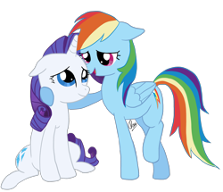 Size: 2516x2161 | Tagged: dead source, safe, artist:bronyforever23, rainbow dash (mlp), rarity (mlp), equine, fictional species, mammal, pegasus, pony, unicorn, feral, friendship is magic, hasbro, my little pony, duo, duo female, feathered wings, feathers, female, female/female, folded wings, high res, horn, on model, raridash (mlp), shipping, simple background, smiling, tail, transparent background, wings