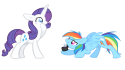 Size: 1600x898 | Tagged: safe, artist:selective-yellow, rainbow dash (mlp), rarity (mlp), equine, fictional species, mammal, pegasus, pony, unicorn, feral, friendship is magic, hasbro, my little pony, bent down, blushing, duo, duo female, feathered wings, feathers, female, female/female, folded wings, horn, marriage proposal, raridash (mlp), ring, shipping, simple background, smiling, tail, tears of joy, transparent background, wings