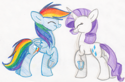 Size: 1175x775 | Tagged: safe, artist:selective-yellow, rainbow dash (mlp), rarity (mlp), equine, fictional species, mammal, pegasus, pony, unicorn, feral, friendship is magic, hasbro, my little pony, duo, duo female, eyes closed, feathered wings, feathers, female, female/female, horn, horseshoes, mare, raridash (mlp), shipping, simple background, smiling, tail, traditional art, white background, wings