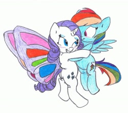 Size: 2241x1974 | Tagged: safe, artist:carnifex, artist:ronmart12, edit, rainbow dash (mlp), rarity (mlp), equine, fictional species, mammal, pegasus, pony, unicorn, feral, friendship is magic, hasbro, my little pony, artificial wings, blushing, butterfly wings, color edit, colored, duo, duo female, feathered wings, feathers, female, female/female, high res, horn, hug, raridash (mlp), shipping, simple background, smiling, spread wings, tail, traditional art, white background, wings