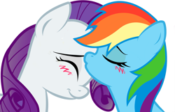 Size: 1743x1125 | Tagged: safe, artist:kennyklent, edit, rainbow dash (mlp), rarity (mlp), equine, fictional species, mammal, pegasus, pony, unicorn, feral, friendship is magic, hasbro, my little pony, blushing, duo, duo female, eyes closed, female, female/female, feral/feral, horn, kissing, raridash (mlp), shipping, simple background, smiling, tail, vector, white background