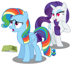 Size: 5938x5340 | Tagged: dead source, safe, artist:austiniousi, rainbow dash (mlp), rarity (mlp), equine, fictional species, mammal, pegasus, pony, unicorn, feral, friendship is magic, hasbro, my little pony, absurd resolution, alternate hairstyle, book, duo, duo female, eyeshadow, feathered wings, feathers, female, female/female, folded wings, heart, heart eyes, horn, makeup, on model, open mouth, raridash (mlp), shipping, simple background, tail, transparent background, upset, vector, wingding eyes, wings
