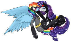 Size: 1719x1023 | Tagged: dead source, safe, artist:lucyhikarikitsune, batman (batman), catwoman (dc), rainbow dash (mlp), rarity (mlp), equine, fictional species, mammal, pegasus, pony, unicorn, feral, batman (series), dc comics, friendship is magic, hasbro, my little pony, batmare, blushing, clothes, commission, costume, crossover, duo, duo female, feathered wings, feathers, female, female/female, horn, raridash (mlp), shipping, simple background, spread wings, tail, transparent background, wet, wings