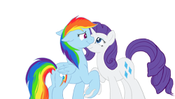 Size: 1600x900 | Tagged: safe, artist:iraecoal, rainbow dash (mlp), rarity (mlp), equine, fictional species, mammal, pegasus, pony, unicorn, feral, friendship is magic, hasbro, my little pony, 16:9, duo, duo female, feathered wings, feathers, female, female/female, folded wings, horn, horseshoes, raridash (mlp), shipping, simple background, smiling, tail, transparent background, wings