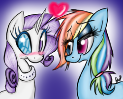 Size: 1371x1101 | Tagged: safe, artist:blup-chan, rainbow dash (mlp), rarity (mlp), equine, fictional species, mammal, pegasus, pony, unicorn, feral, friendship is magic, hasbro, my little pony, blushing, duo, duo female, feathers, female, female/female, heart, horn, jewelry, necklace, raridash (mlp), shipping, smiling, tail, wingding eyes