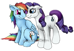 Size: 1070x745 | Tagged: dead source, safe, artist:grandmaster-popo, rainbow dash (mlp), rarity (mlp), equine, fictional species, mammal, pegasus, pony, unicorn, feral, friendship is magic, hasbro, my little pony, cutie mark, duo, duo female, ears, feathered wings, feathers, female, female/female, floppy ears, folded wings, hair, hooves, horn, looking at each other, looking at someone, looking back, mane, raridash (mlp), shipping, signature, sitting, smiling, standing, tail, watermark, wings