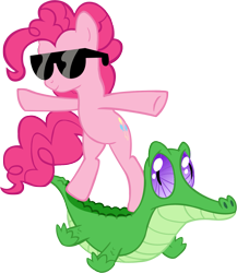 Size: 913x1051 | Tagged: safe, artist:wcctnoam, gummy (mlp), pinkie pie (mlp), alligator, crocodilian, earth pony, equine, fictional species, mammal, pony, reptile, feral, friendship is magic, hasbro, my little pony, duo, female, fur, glasses, green scales, hair, hooves, male, mane, pink fur, pink hair, scales, simple background, sunglasses, surfing, tail, transparent background, vector
