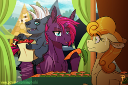 Size: 620x413 | Tagged: safe, artist:inuhoshi-to-darkpen, golden harvest (mlp), grubber (mlp), tempest shadow (mlp), earth pony, equine, fictional species, hedgehog, mammal, pony, unicorn, feral, friendship is magic, hasbro, my little pony, my little pony: the movie, apple, broken horn, carrot, eating, eye scar, female, food, fruit, group, herbivore, horn, male, mare, omnivore, quills, scar, tail, trio, vegetables