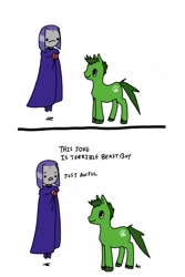Size: 1280x1920 | Tagged: safe, artist:foreveraloneflake, beast boy (teen titans), raven (dc comics), cambion, demon, earth pony, equine, fictional species, human, hybrid, mammal, pony, feral, humanoid, comic:beast boy bothers raven, friendship is magic, hasbro, my little pony, teen titans, crossover, cutie mark, duo, female, feralized, fur, furrified, green fur, green hair, green mane, green tail, hair, humanoid to feral, male, mane, ponified, reference, species swap, stallion, tail, transformation
