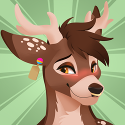 Size: 1000x1000 | Tagged: safe, artist:feve, oc, oc only, oc:ahkrin (itsahkrin), cervid, deer, mammal, anthro, abstract background, antlers, blushing, brown fur, brown hair, bust, digital art, ear piercing, fur, hair, male, nose piercing, nose ring, orange eyes, piercing, portrait, smiling, solo, solo male, spotted fur, tan fur