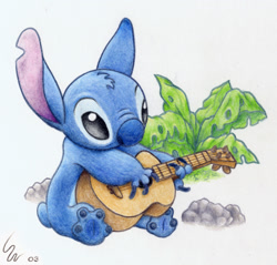 Size: 700x668 | Tagged: safe, artist:ribera, stitch (lilo & stitch), alien, experiment (lilo & stitch), fictional species, semi-anthro, disney, lilo & stitch, 2003, 4 toes, black eyes, blue claws, blue nose, claws, colored pencil drawing, ears, male, plant, rock, short tail, simple background, sitting, solo, solo male, tail, torn ear, ukulele, white background