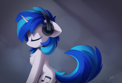 Size: 4000x2700 | Tagged: safe, artist:ifmsoul, vinyl scratch (mlp), equine, fictional species, mammal, pony, unicorn, feral, friendship is magic, hasbro, my little pony, blue hair, chest fluff, eyes closed, female, fluff, fur, hair, headphones, high res, horn, mare, side view, signature, simple background, solo, solo female, tail, tail fluff, white fur