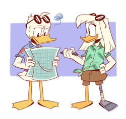Size: 1280x1215 | Tagged: safe, artist:mebsann, della duck (disney), donald duck (disney), bird, duck, waterfowl, anthro, disney, ducktales, ducktales (2017), mickey and friends, brother, brother and sister, female, glasses, glasses on head, male, map, prosthetic leg, prosthetics, siblings, sister, sunglasses, sweat