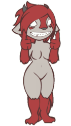 Size: 389x693 | Tagged: safe, artist:skashi95, oc, oc only, oc:smiley cindy (skashi95), demon, fictional species, grinion, mammal, anthro, cc by-nc, creative commons, 2d, 2d animation, animated, breasts, brown outline, double outline, featureless breasts, featureless crotch, female, frame by frame, front view, gif, hair, horns, no pupils, open mouth, red hair, simple background, solo, solo female, standing, tail, teeth, transparent background, white outline