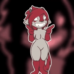 Size: 640x640 | Tagged: safe, artist:skashi95, oc, oc only, oc:smiley cindy (skashi95), demon, fictional species, grinion, mammal, anthro, 2020, 2d, 2d animation, animated, breasts, featureless breasts, featureless crotch, female, frame by frame, front view, hair, horns, no pupils, open mouth, red hair, solo, solo female, sound, standing, tail, teeth, webm