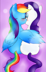 Size: 1286x2002 | Tagged: safe, artist:blackbewhite2k7, artist:pockystix, rainbow dash (mlp), rarity (mlp), equine, fictional species, mammal, pegasus, pony, unicorn, feral, friendship is magic, hasbro, my little pony, blushing, colored, duo, duo female, eyes closed, eyeshadow, feathered wings, feathers, female, female/female, feral/feral, horn, hug, kissing, makeup, raridash (mlp), shipping, sitting, tail, wing hug, wings
