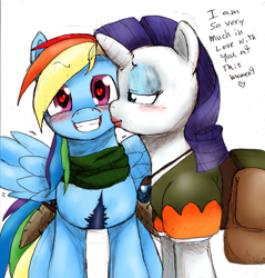 Size: 1292x1350 | Tagged: safe, artist:blackbewhite2k7, artist:pockystix, rainbow dash (mlp), rarity (mlp), equine, fictional species, mammal, pegasus, pony, unicorn, feral, friendship is magic, hasbro, my little pony, clothes, colored, crossover, dagger, dialogue, dragon's dogma, duo, duo female, eyeshadow, feathered wings, feathers, female, female/female, feral/feral, flirting, heart, heart eyes, horn, kissing, lipstick, makeup, raridash (mlp), scarf, shipping, smiling, spread wings, tail, talking, wingding eyes, wings