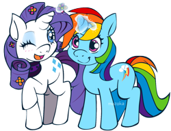 Size: 1024x788 | Tagged: safe, artist:connection-13, rainbow dash (mlp), rarity (mlp), equine, fictional species, mammal, pegasus, pony, unicorn, feral, friendship is magic, hasbro, my little pony, duo, duo female, eyeshadow, female, female/female, flower, glowing, glowing horn, horn, magic, makeup, mare, one eye closed, race swap, raridash (mlp), shipping, simple background, smiling, tail, transparent background