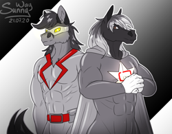 Size: 1284x1000 | Tagged: safe, artist:sunny way, oc, canine, equine, fox, horse, hybrid, mammal, anthro, clothes, costume, digital art, flexing, glowing, hero, latex, male, males only, monochrome, muscles, patreon reward, power, sexy, sketch, stallion, strong, superhero