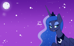 Size: 1700x1060 | Tagged: safe, artist:higglytownhero, princess luna (mlp), alicorn, equine, fictional species, mammal, pony, feral, friendship is magic, hasbro, my little pony, crown, dialogue, feathered wings, feathers, female, folded wings, horn, lidded eyes, looking at you, mare, moon, peytral, regalia, smiling, solo, solo female, stars, talking, teal eyes, wings