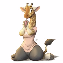 Size: 1250x1250 | Tagged: safe, artist:louart, giraffe, mammal, anthro, bottomwear, brown body, brown fur, clothes, cloven hooves, cup, cute, drink, drinking, drinking straw, ears, female, fur, hooves, horns, kneeling, pants, shirt, signature, simple background, solo, solo female, spotted fur, straw, tail, tail tuft, tan body, tan fur, tongue, topwear, white background