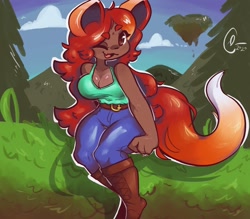 Size: 1440x1259 | Tagged: safe, artist:artisticjarhead, zoologist (terraria), animal humanoid, canine, fictional species, fox, mammal, humanoid, terraria, blushing, boots, bottomwear, breasts, brown eyes, cleavage, clothes, female, hair, jeans, looking at you, one eye closed, pants, red hair, shoes, signature, smiling, solo, solo female, tail, winking