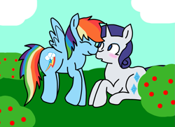Size: 935x680 | Tagged: safe, artist:raincupcake, rainbow dash (mlp), rarity (mlp), equine, fictional species, mammal, pegasus, pony, unicorn, feral, friendship is magic, hasbro, my little pony, blushing, bush, cloud, duo, duo female, eyes closed, feathered wings, feathers, female, female/female, feral/feral, horn, mare, nuzzling, raridash (mlp), shipping, sitting, smiling, tail, wings