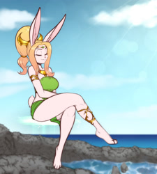 Size: 2156x2400 | Tagged: safe, artist:scorpdk, lagomorph, mammal, rabbit, anthro, anklet, armlet, barefoot, bipedal, blonde hair, eyes closed, female, floating, hair, high res, hovering, lens flare, long ears, mage, magic, ocean, short tail, sitting, sky, smiling, solo, solo female, tail, water