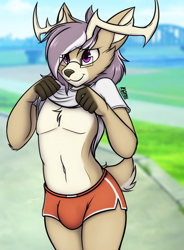 Size: 664x900 | Tagged: suggestive, artist:lamont786, oc, oc only, oc:faultline, cervid, deer, mammal, anthro, hooters, bottomwear, clothes, femboy, femboy hooters, male, orange shorts, shirt lift, short shorts, shorts, solo, solo male
