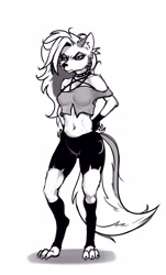 Size: 1341x2223 | Tagged: safe, artist:alcor, loona (vivzmind), canine, fictional species, hellhound, mammal, anthro, digitigrade anthro, hazbin hotel, helluva boss, bottomwear, clothes, crop top, female, shorts, solo, solo female, tail, tank top, topwear