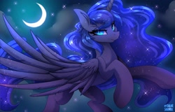 Size: 3126x2000 | Tagged: safe, artist:colorsoundz, princess luna (mlp), alicorn, equine, fictional species, mammal, pony, feral, friendship is magic, hasbro, my little pony, 2020, blue body, blue eyes, blue fur, blue hair, cloud, crescent moon, cyan eyes, ears, english text, ethereal mane, feathered wings, feathers, female, fluff, flying, fur, hair, high res, hooves, horn, looking at someone, looking at you, majestic, mane, mare, moon, outdoors, side view, signature, sky, slit pupils, solo, solo female, spread wings, stars, tail, tail fluff, text, three-quarter view, wings