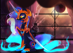 Size: 2268x1654 | Tagged: safe, artist:nutty-stardragon, daybreaker (mlp), nightmare moon (mlp), alicorn, equine, fictional species, mammal, pony, feral, friendship is magic, hasbro, my little pony, 2018, abstract background, amber eyes, armor, blue body, blue fur, clothes, cutie mark, ears, eyeshadow, feathered wings, feathers, female, fluff, fur, fusion, hair, helmet, hooves, horn, indoors, looking at something, magic, makeup, mane, mare, moon, paper, peytral, shadow, shoes, side view, sitting, slit pupils, solar eclipse, solo, solo female, sun, sunbeam, tail, window, wings, yellow eyes