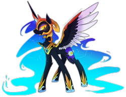 Size: 2146x1654 | Tagged: safe, artist:nutty-stardragon, daybreaker (mlp), nightmare moon (mlp), princess luna (mlp), alicorn, equine, fictional species, mammal, pony, feral, friendship is magic, hasbro, my little pony, 2018, amber eyes, armor, blue body, blue fur, blue hair, clothes, crescent, cutie mark, ear fluff, ears, english text, feathered wings, feathers, female, fluff, front view, fur, fusion, hair, helmet, hooves, horn, looking at something, mane, mare, peytral, shoes, side view, signature, simple background, slit pupils, solo, solo female, spread wings, standing, tail, text, three-quarter view, transparent background, wings, yellow eyes
